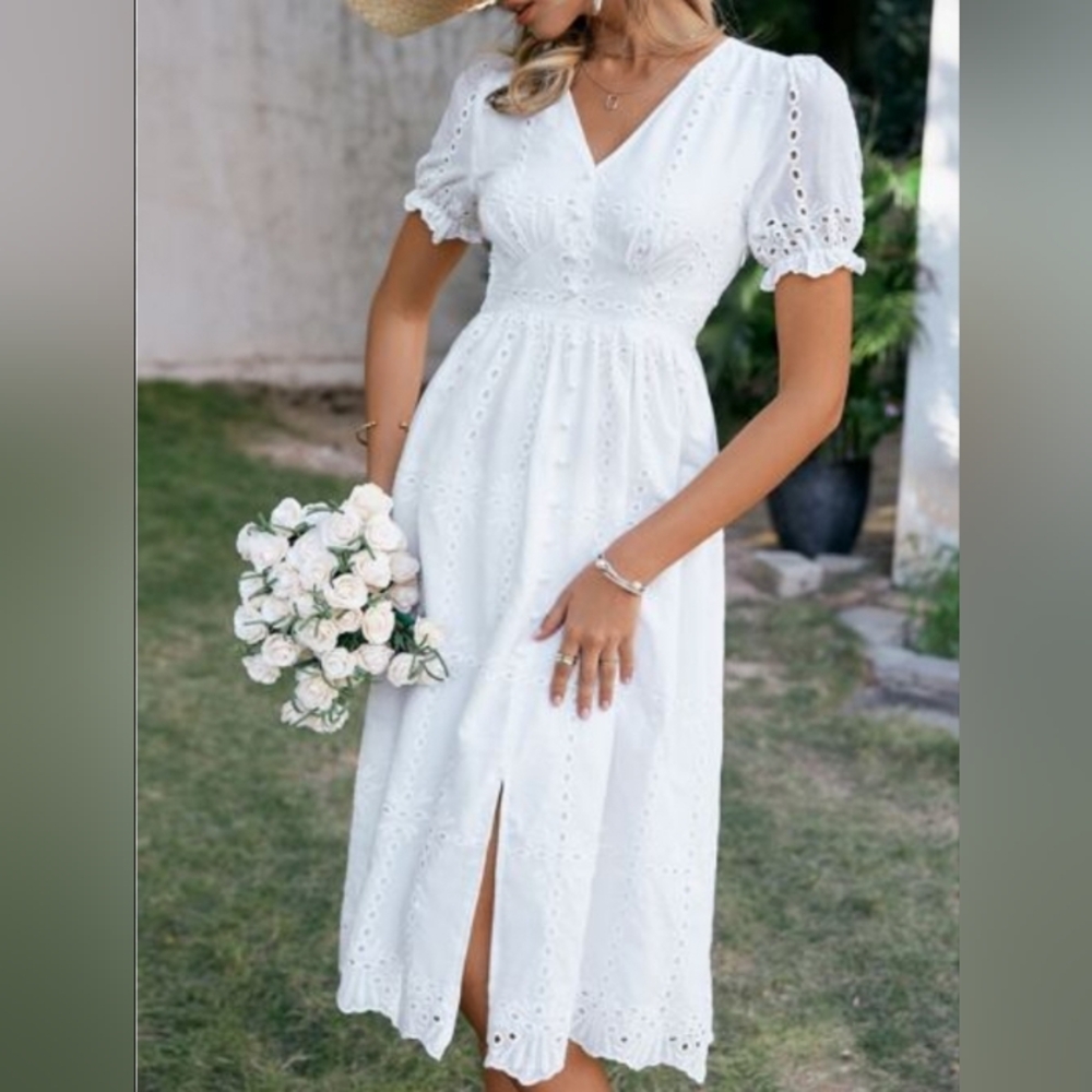 SIMPLEE Puff Sleeve Split Hem Gorgeous White Schiffy Dress - Picture 14 of 14